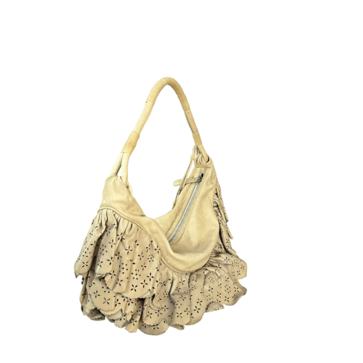 Christian Dior Bone Gypsy Ruffled Leather Perforated Hobo Bag