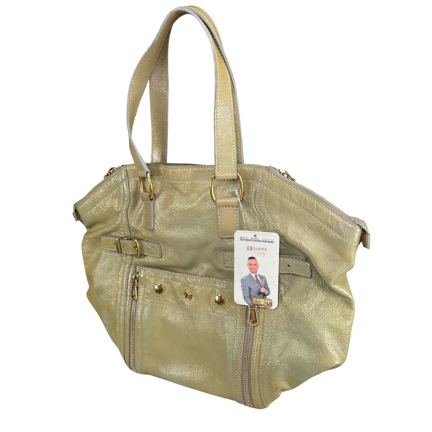 YSL Cassandra Green Patent Leather GHW Bucket Flat Downtown Tote