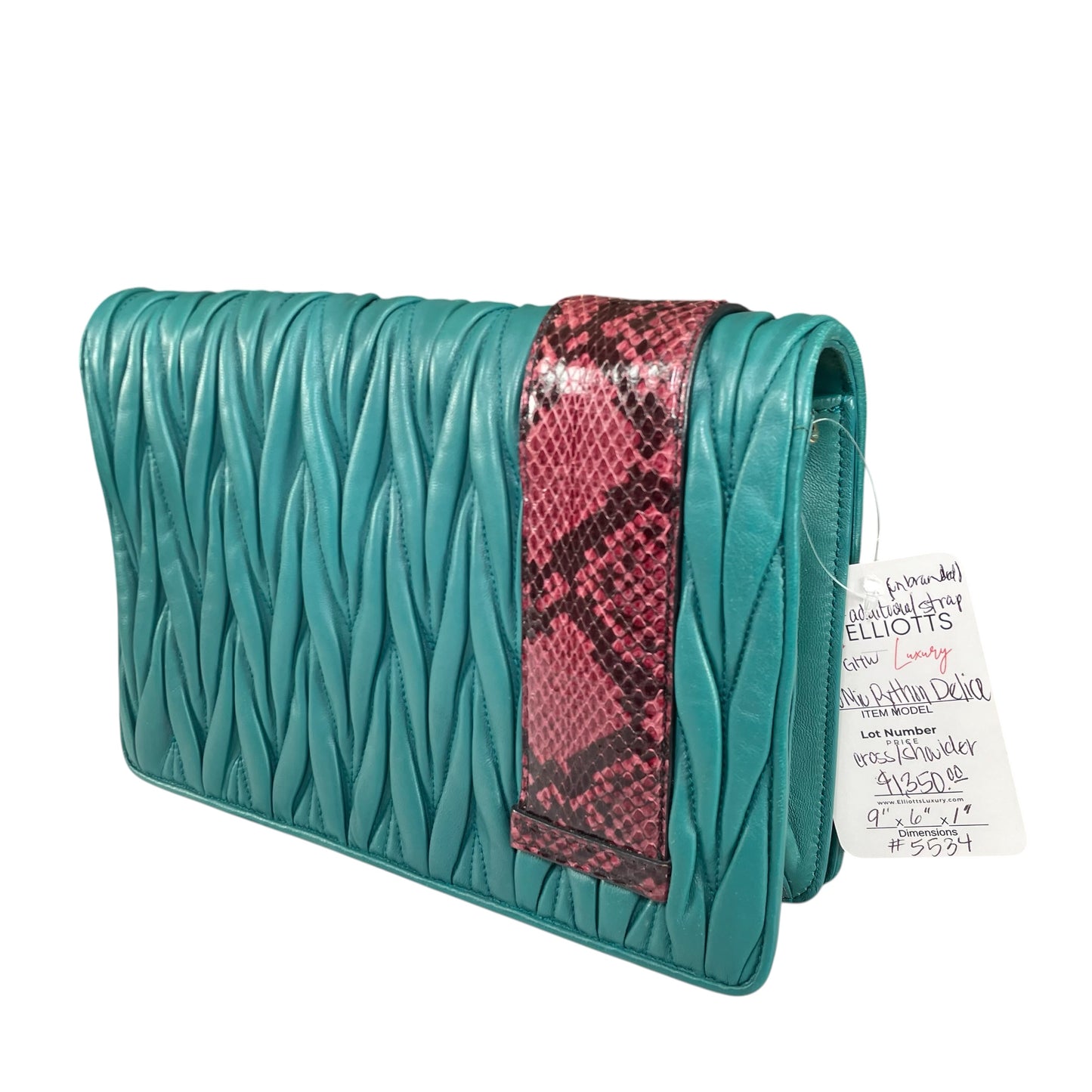 Miu Miu Delice Teal Matelasse Python Embossed Nappa Leather GHW Crossbody Flap Purse