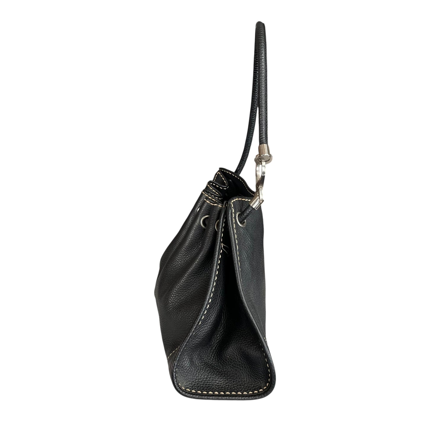 TOD’s Black Equestrian Pebbled Brushed SHW Drawstring Leather Shoulder Purse