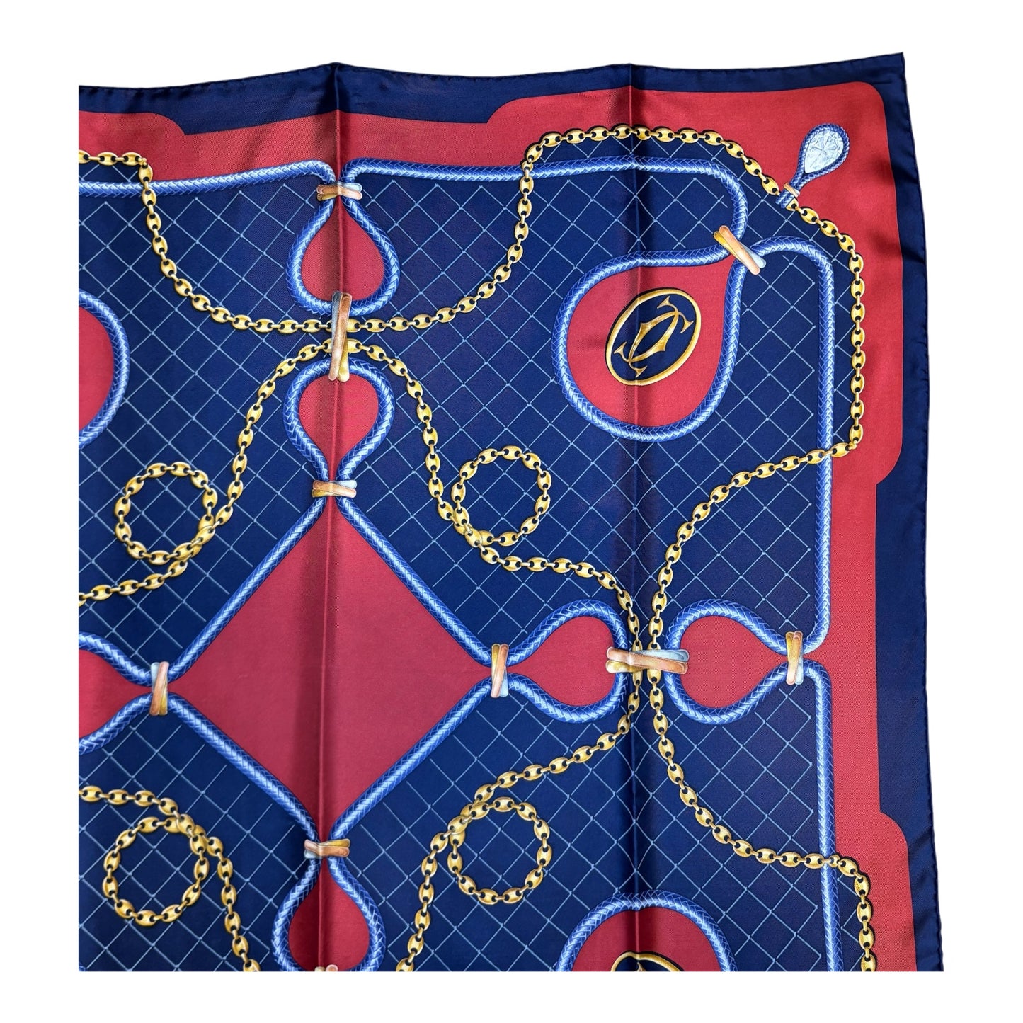 Cartier Must de Cartier Silk Scarf 33” x 33” Chain & Pear Diamond Motif Navy Red