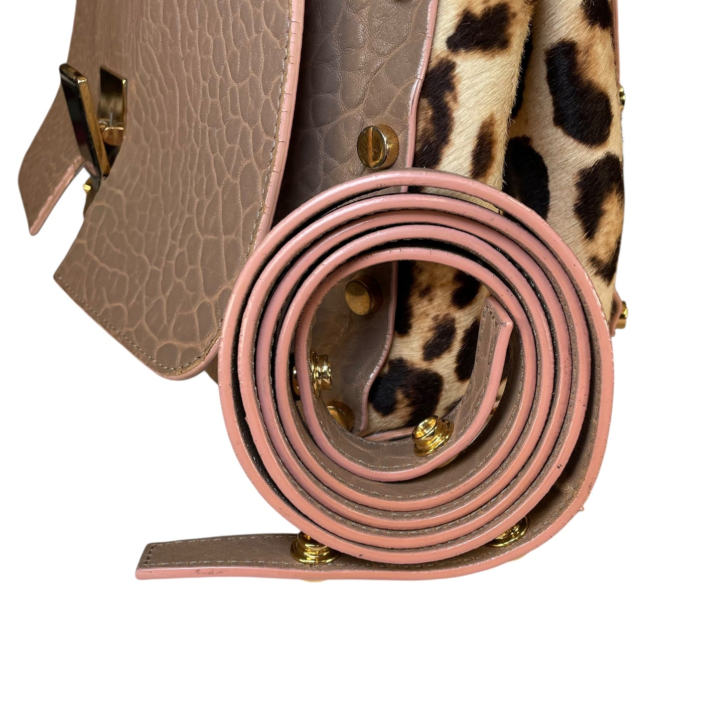 Jimmy Choo Lockett Two Way Bag Leopard Pony Hair Taupe Leather Gold HW Satchel