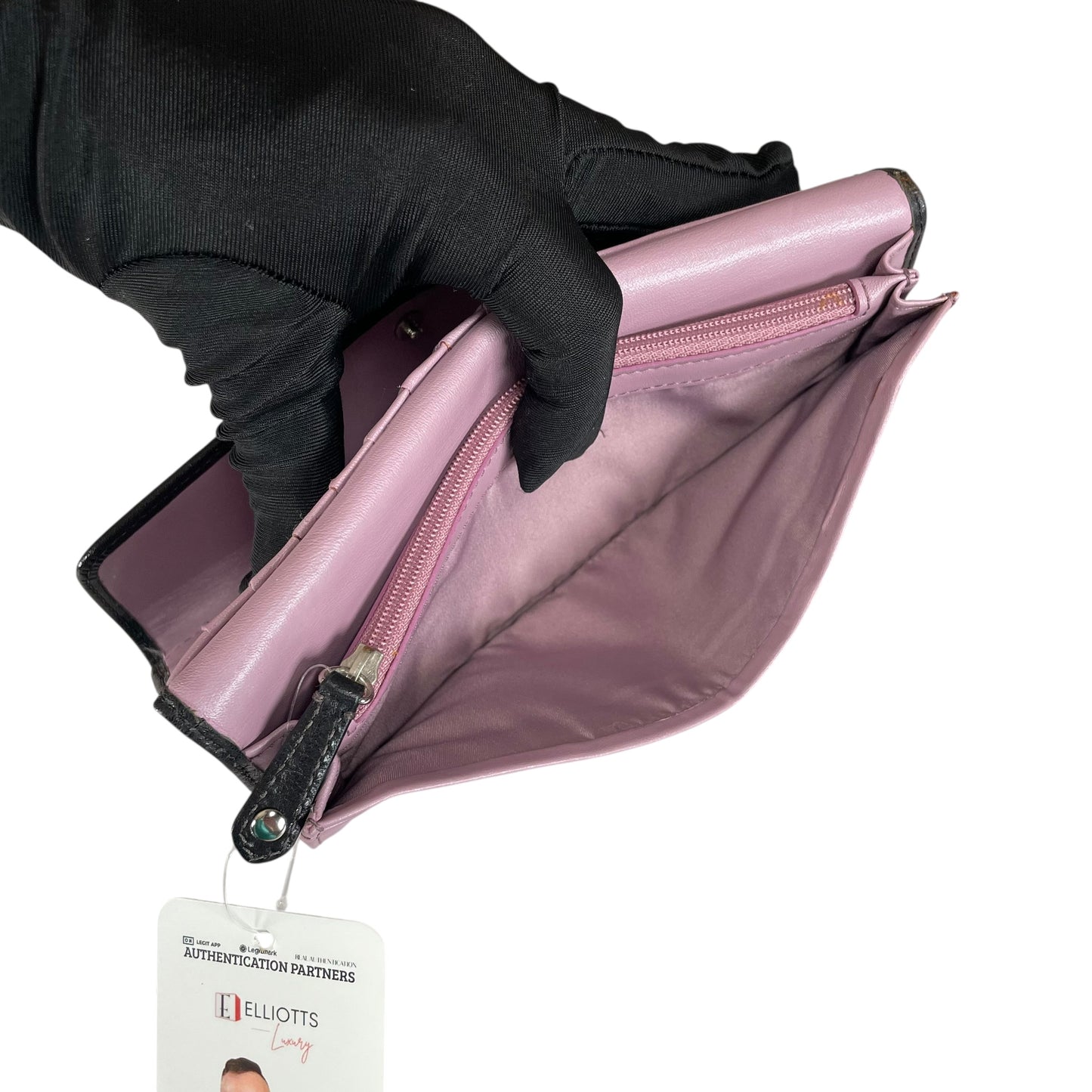 Coach Madison Carriage Logo Black Leather Trifold Long Wallet Lilac Interior SHW