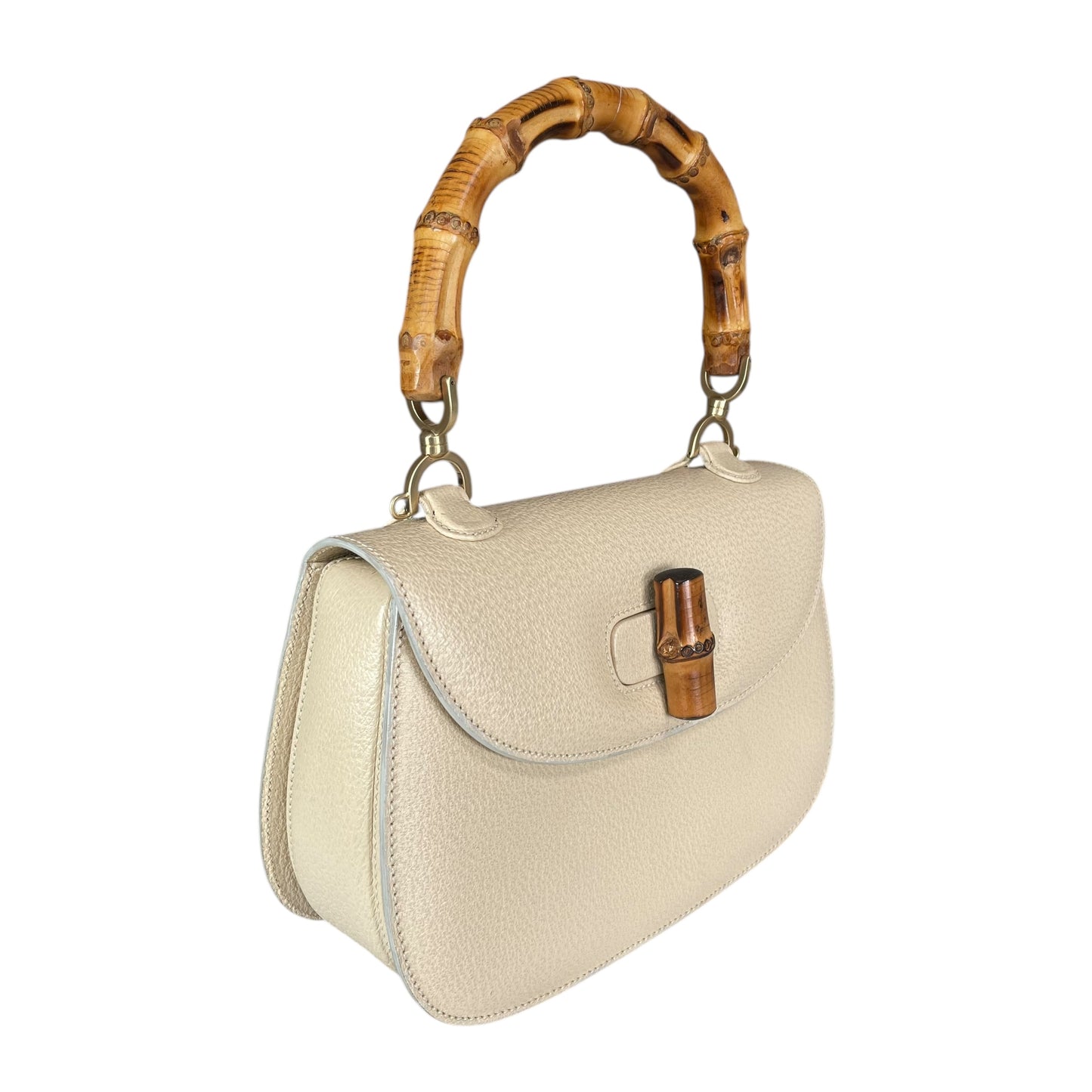 Gucci 1947 Bamboo Bone White Bamboo Turn-Lock Top Handle Flap Purse