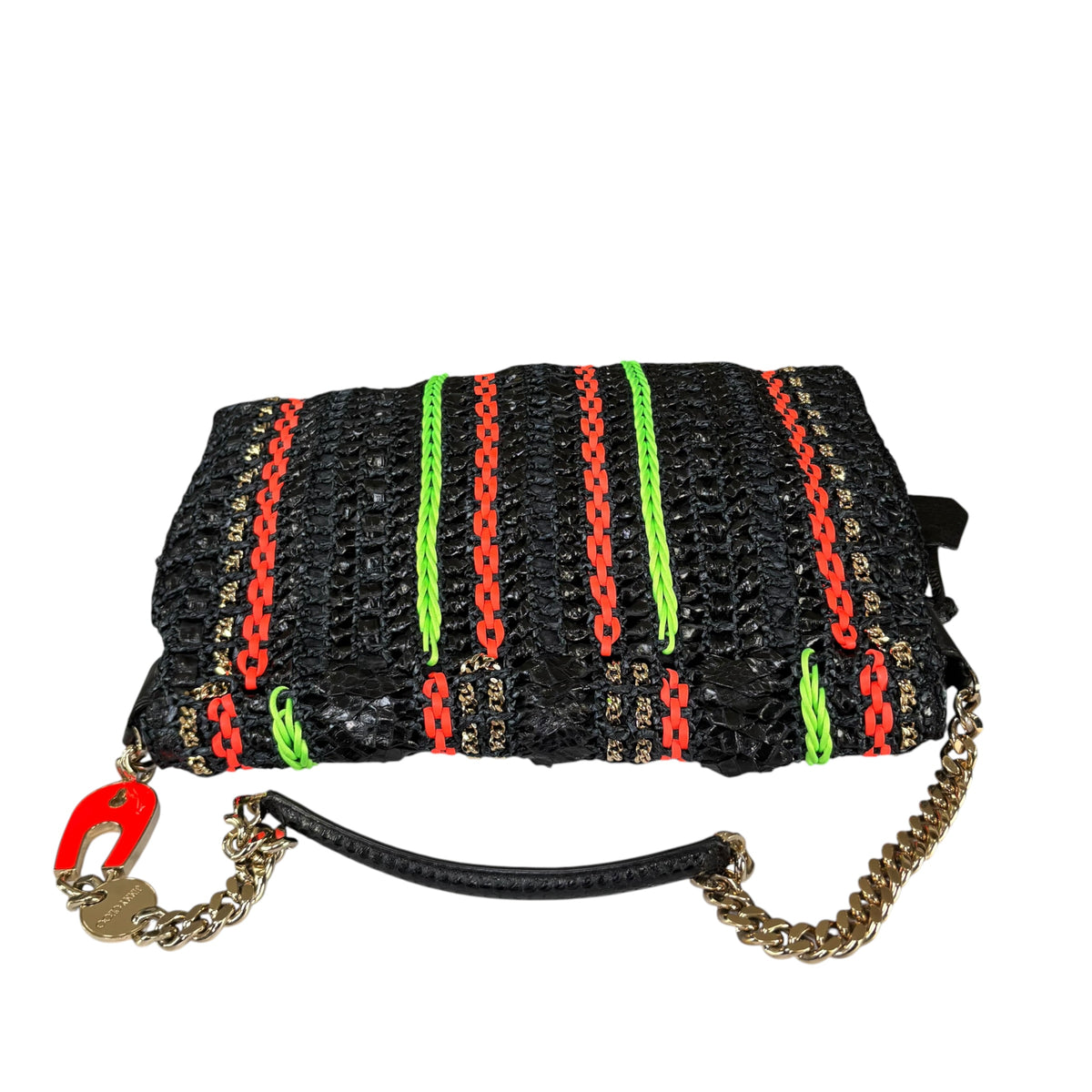 Jimmy Choo GHW Leather Rafia Neon Black Snake Chain Flap