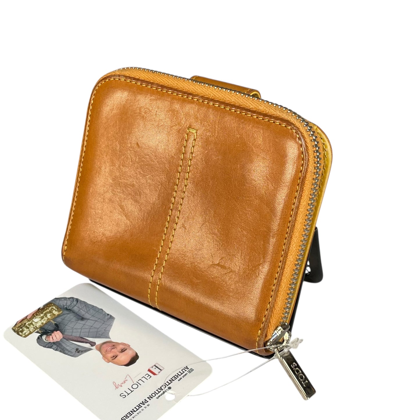 TOD’s Italian Leather Brown / Yellow SHW Snap Tab Zip Around Compact Wallet