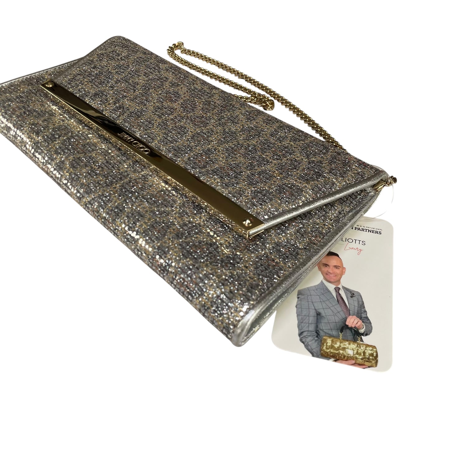 Jimmy Choo Margot Metallic Glitter Silver Leather GHW Chain Clutch
