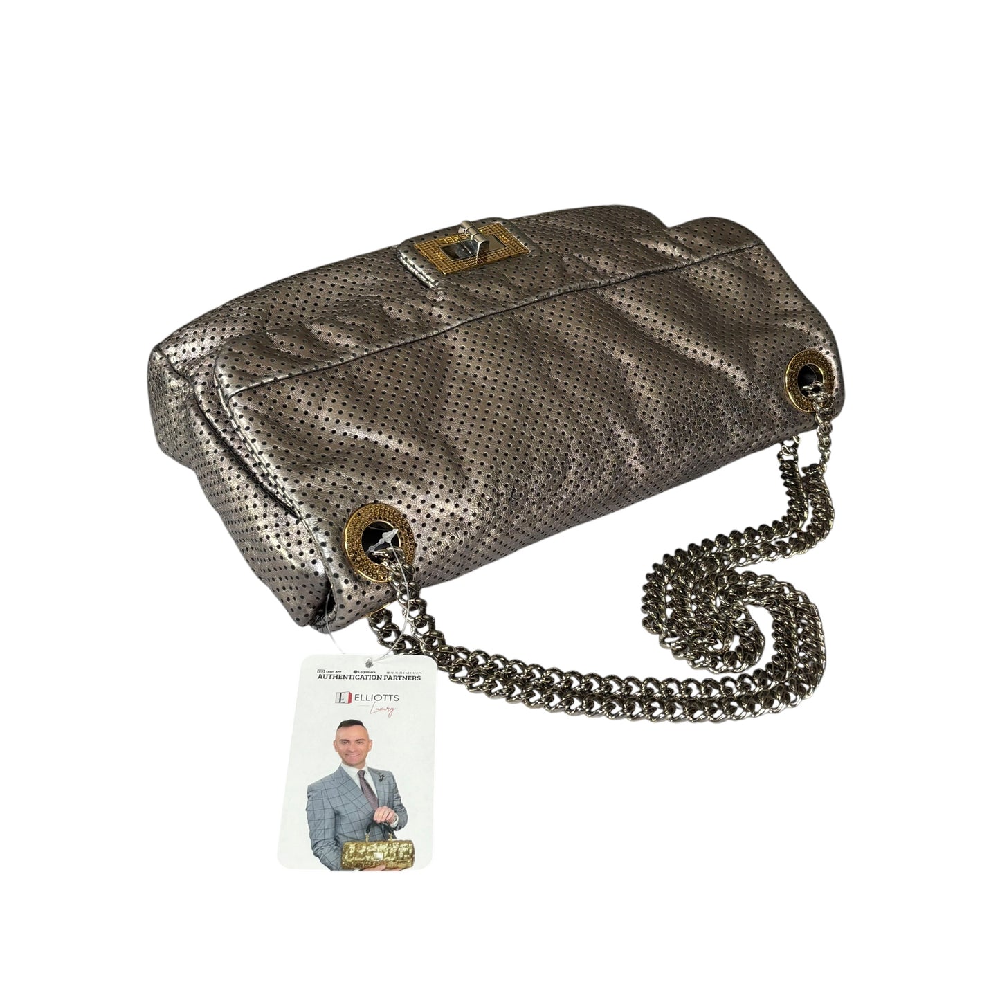 Chanel 2.55 Drill Flap Pewter Metallic Lambskin Leather GHW Med Shoulder Purse