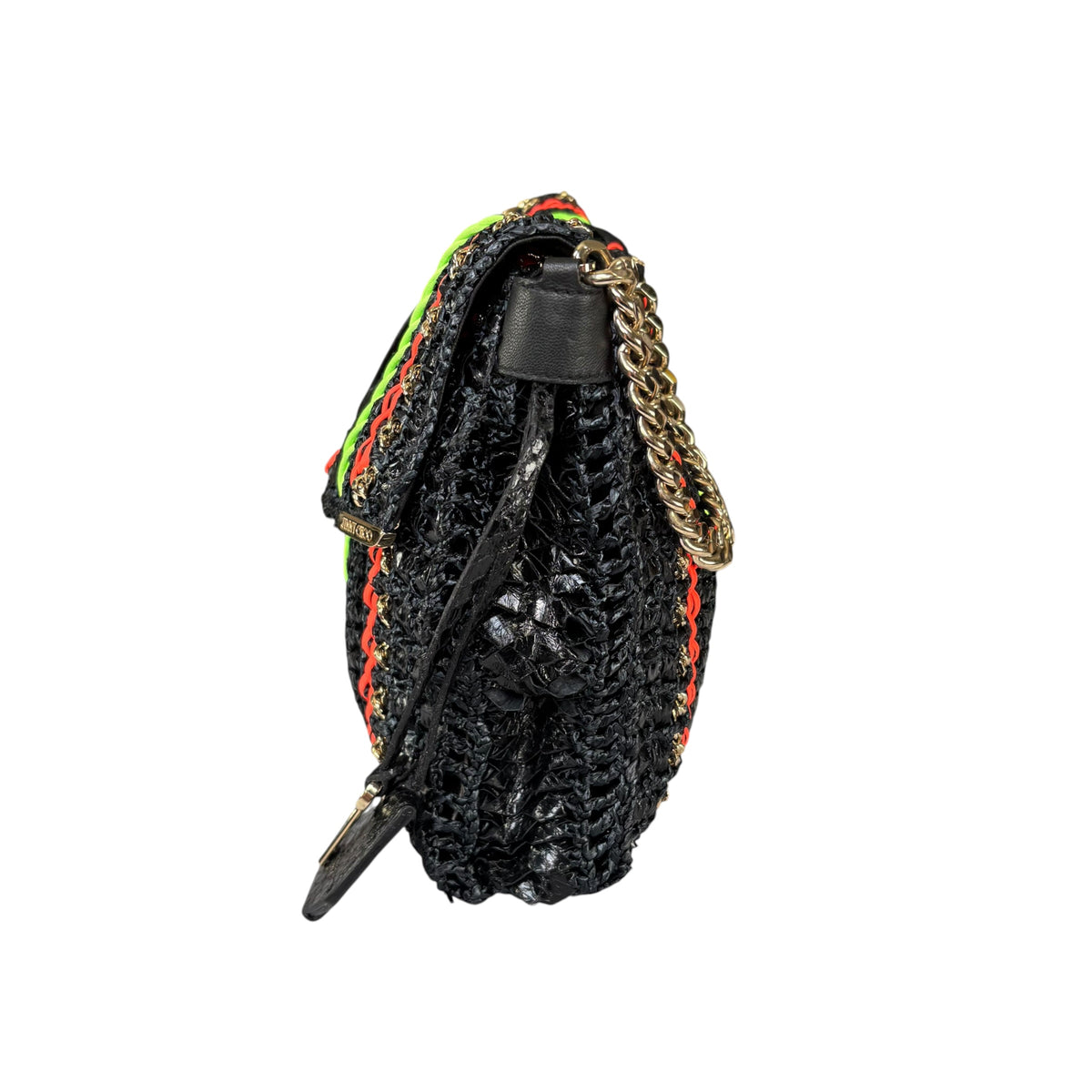 Jimmy Choo GHW Leather Rafia Neon Black Snake Chain Flap