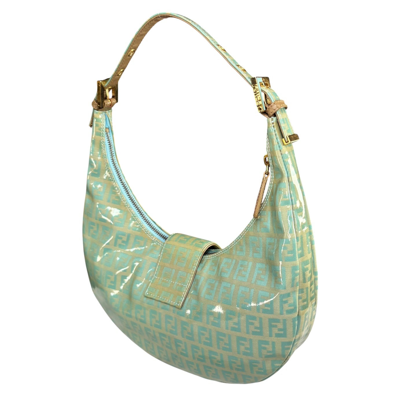 Fendi Y2K Baguette Crescent Mint Green Zucchino Coated Canvas Leather Purse