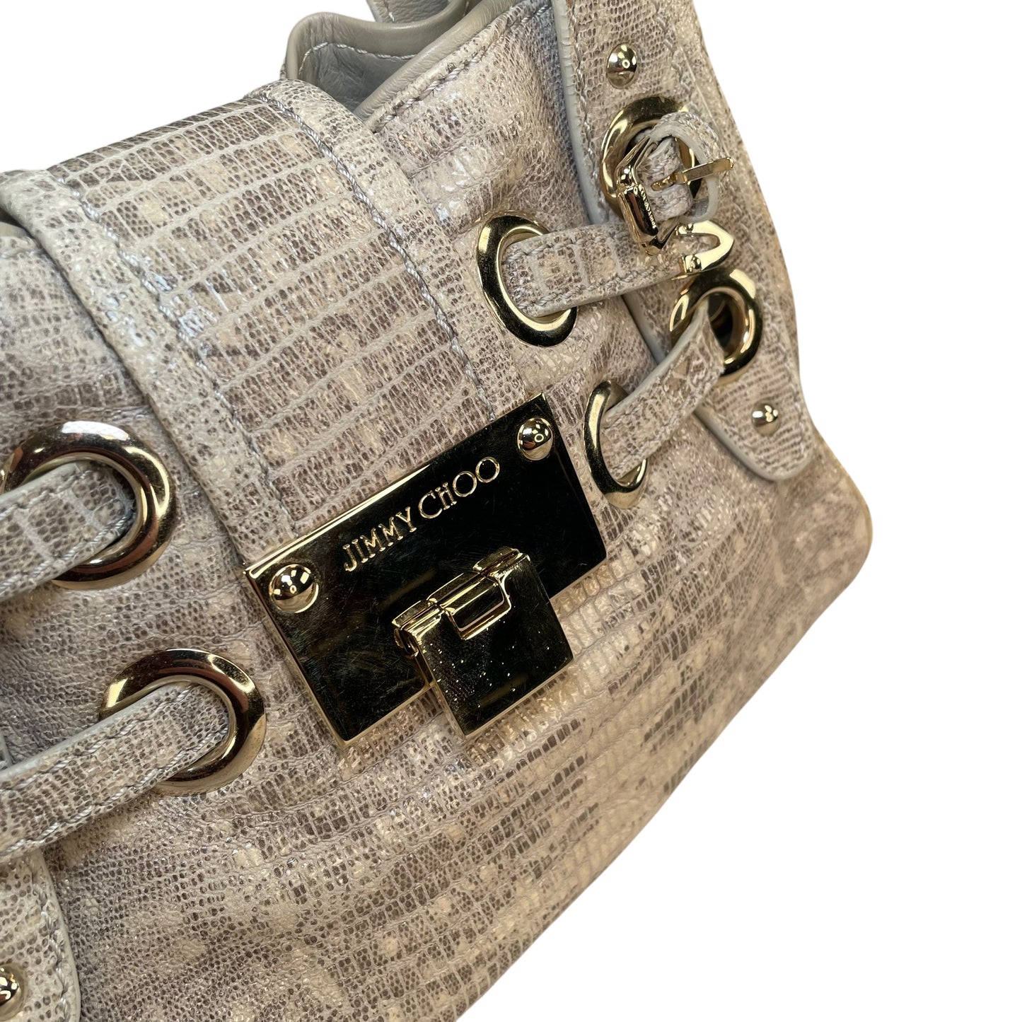 Jimmy Choo Ramona Lizard Embossed Leather Bag Creme / Gold HW Shoulder Purse