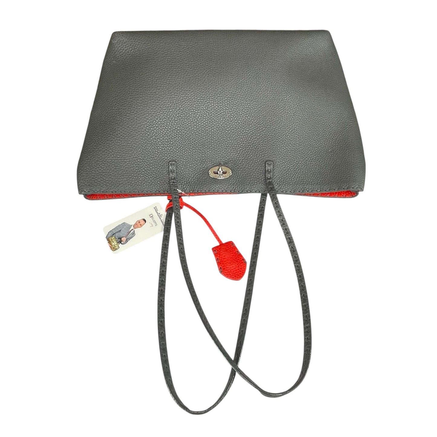 Fendi Selleria Grey / Red Sterling Silver  Pebbled Leather Lock Medium Tote