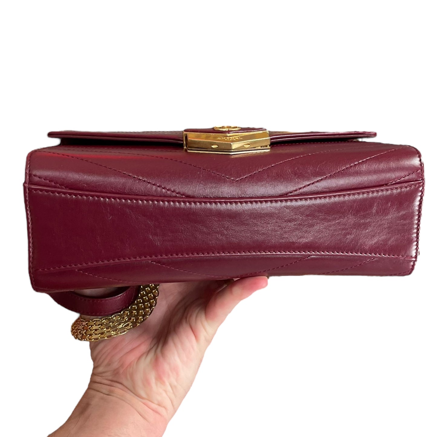 Chanel CC Medal Bucket Envelop Merlot Zip Brushed GHW Burgundy 2Way CrossbodyPurse