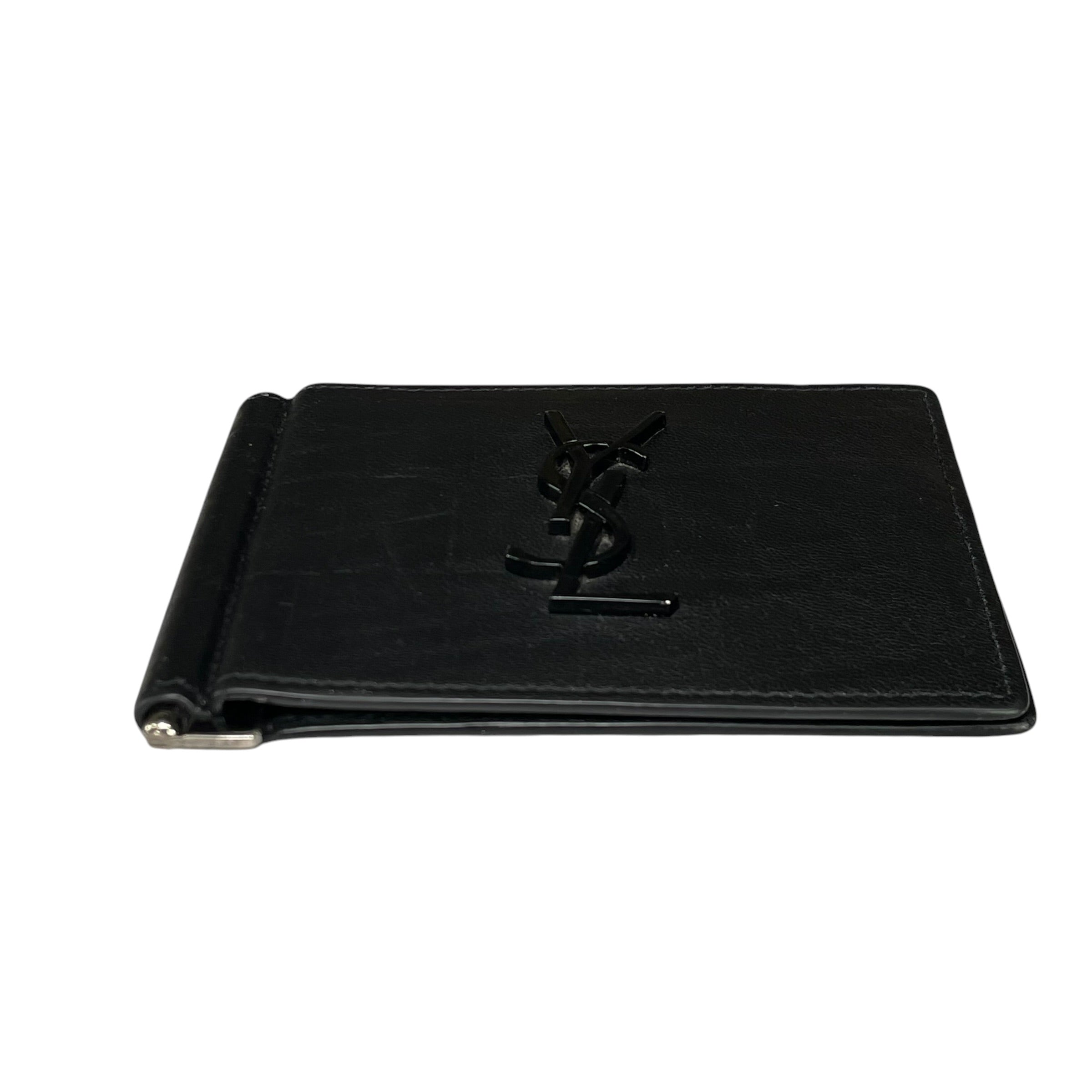 YSL Mens Black Croc Embossed Clip Cash Card Bi Fold Wallet