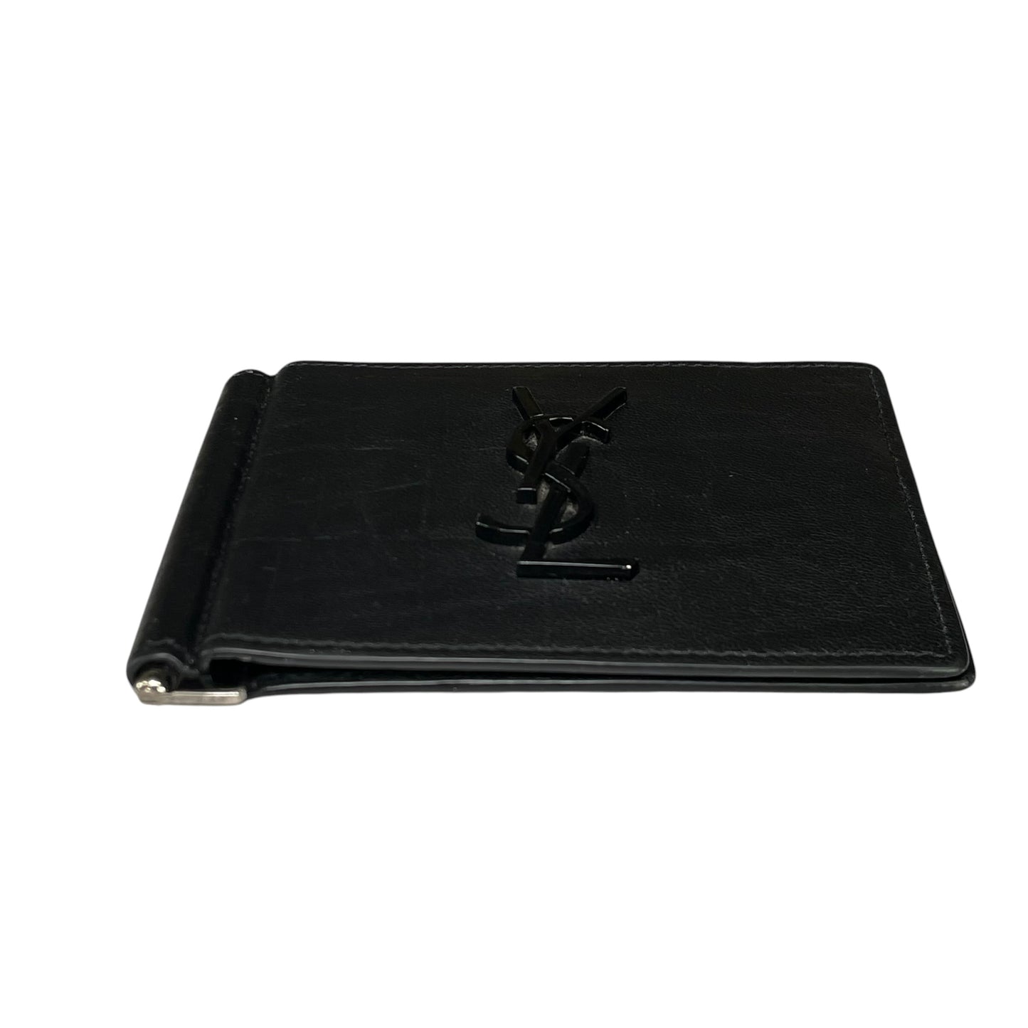 YSL Mens Black Croc Embossed Clip Cash Card Bi Fold Wallet