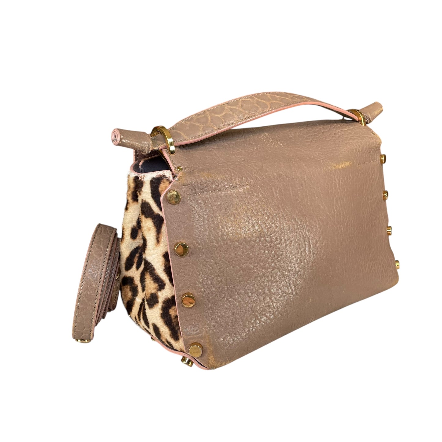 Jimmy Choo Lockett Two Way Bag Leopard Pony Hair Taupe Leather Gold HW Satchel