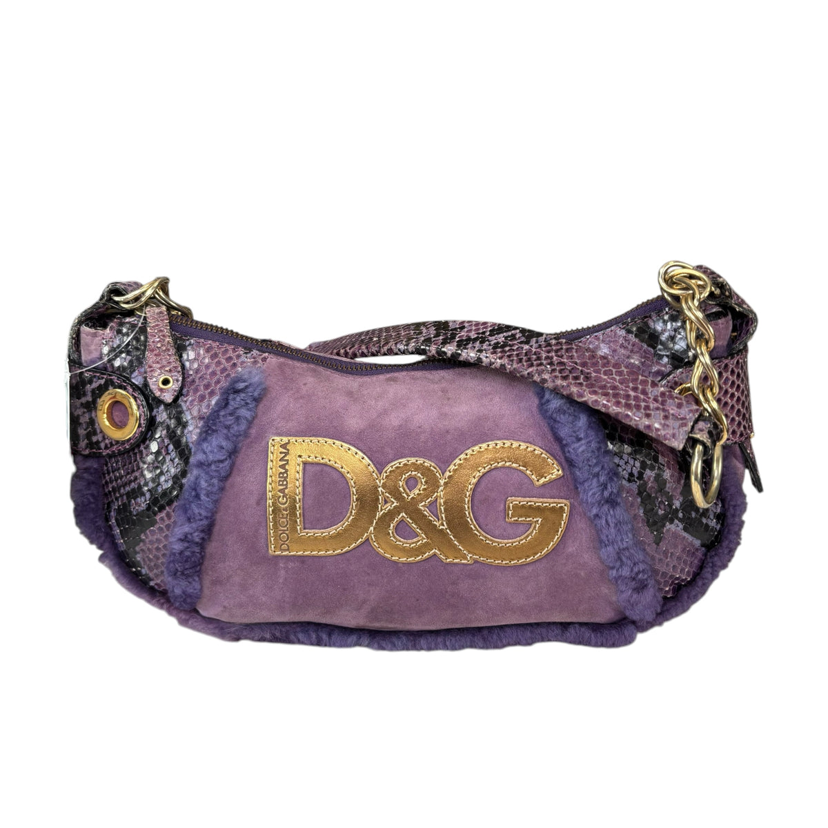 Dolce & Gabbana Y2K Purple Shearling Python Embossed Shoulder Purse