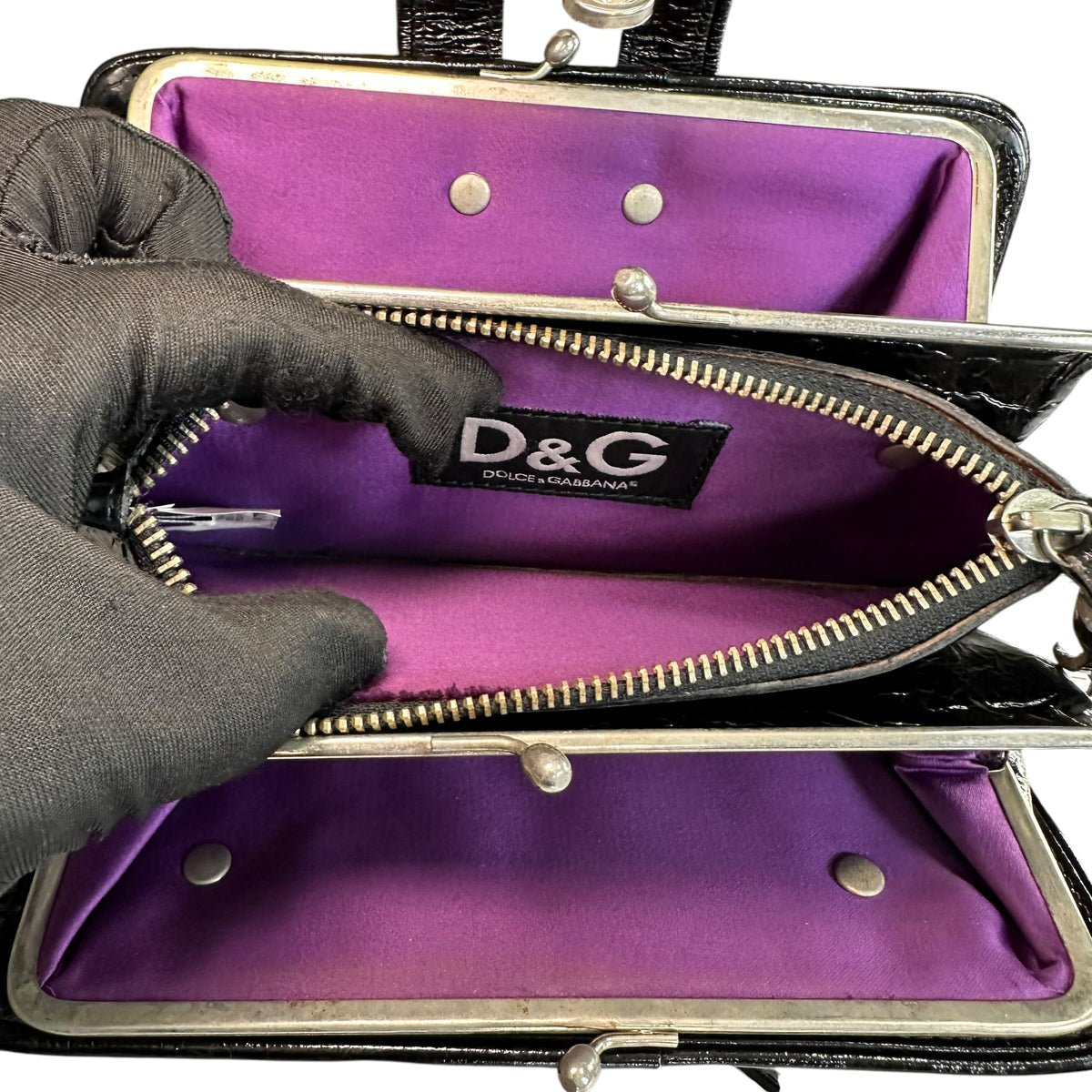 D & G Dolce Gabbana Mini Black Patent Baguette SHW Purse