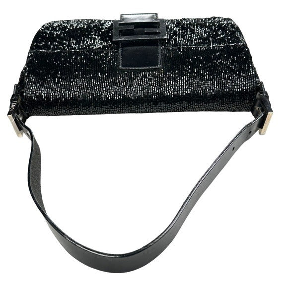 Fendi Black Silver Beaded Baguette Leather Strap Shoulder
