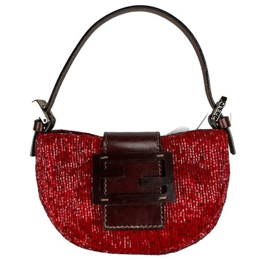 Fendi Red Beaded Mini Croissant Brown Leather Snap Front Handbag Pur…