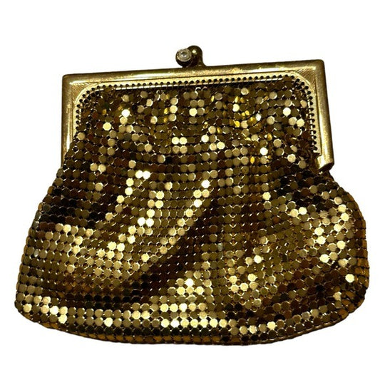 Whiting & Davis Mini Gold Metal Mesh Frame Rhinestone Kiss-Lock Coin Card Clutch