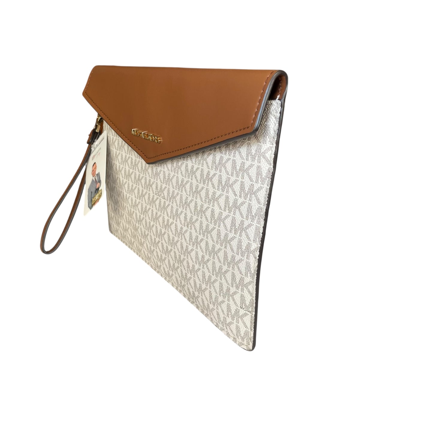 Michael Kors Maisie Leather Brown White Canvas GHW XL Envelope Clutch Wristlet