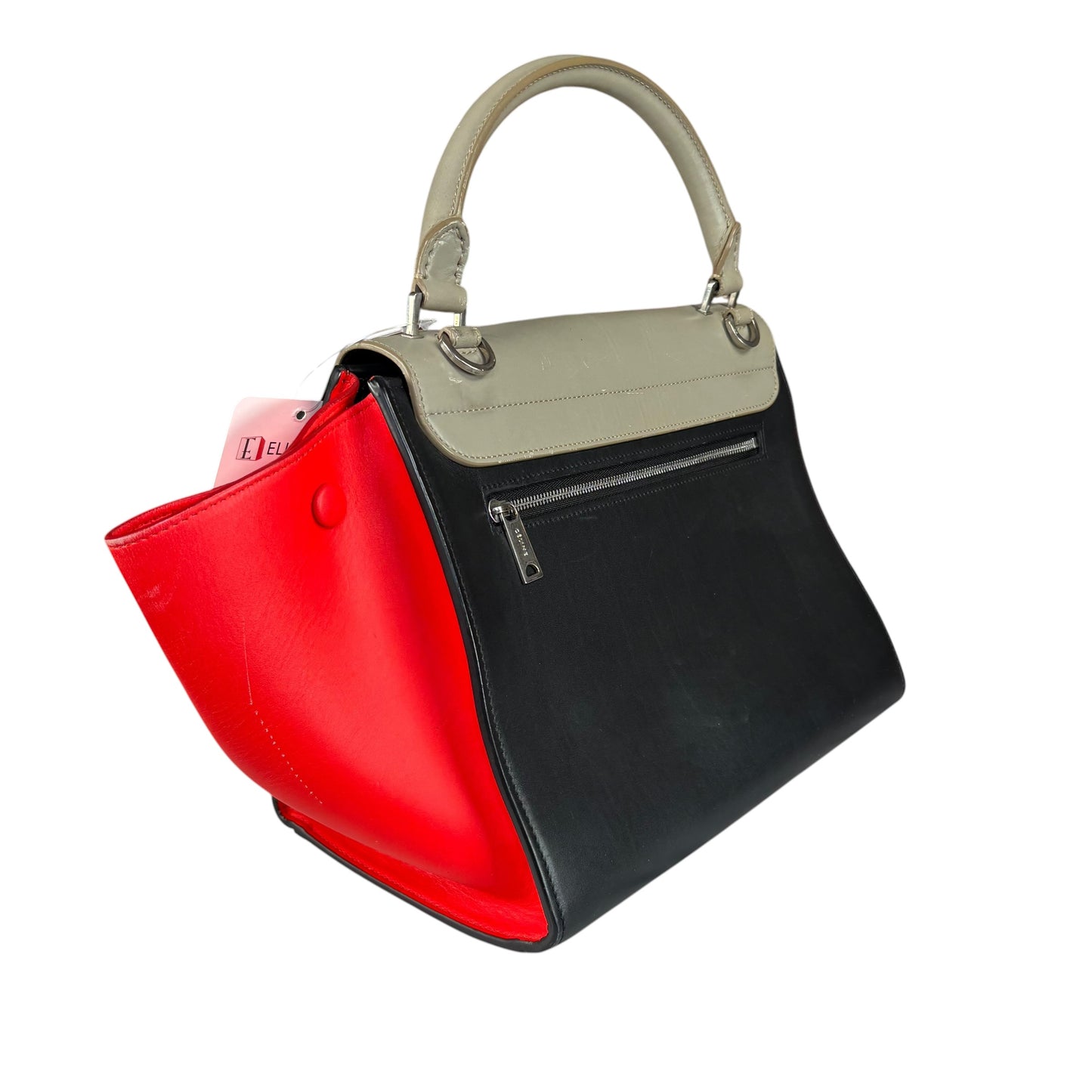 Celine Trapeze Tri-Color Red Black Grey Turn-Lock Top Handle Purse