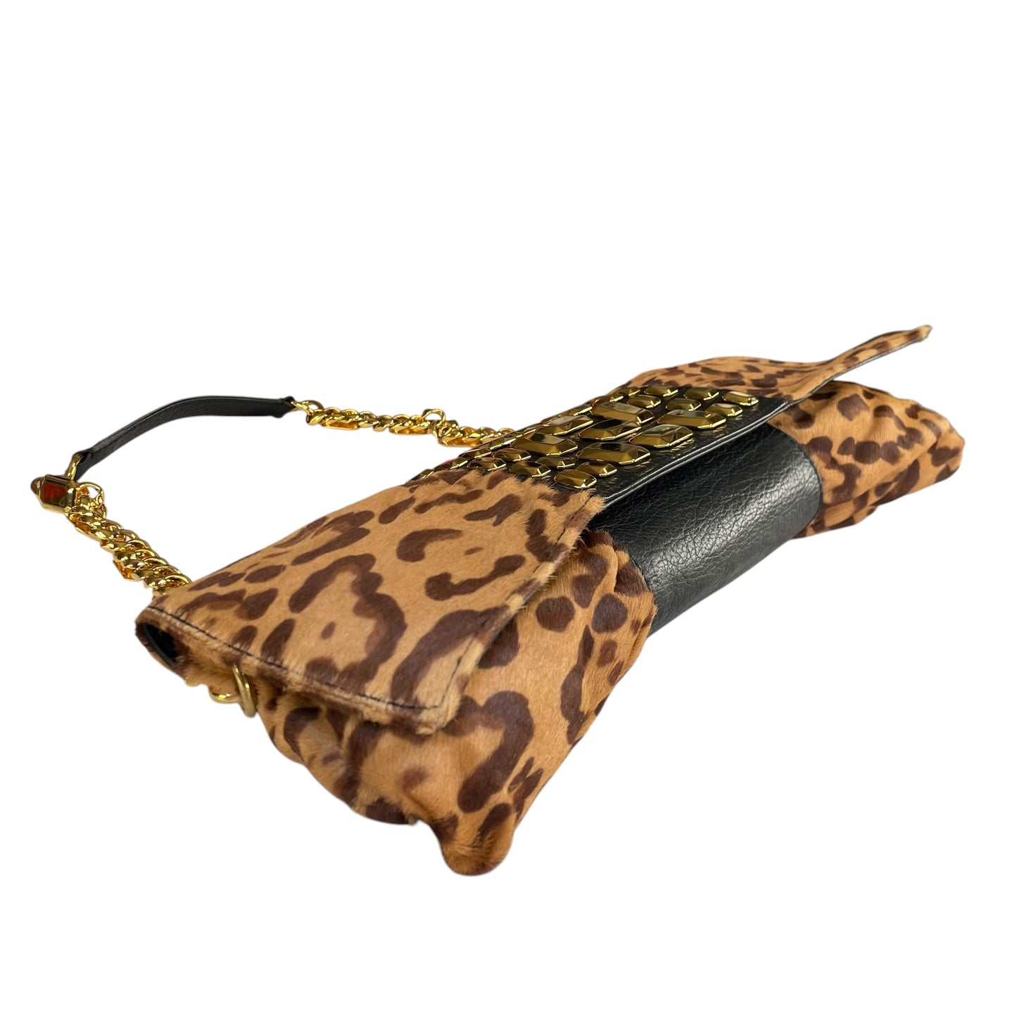 Valentino Leopard Pony Hair Studded GHW East-West Chain Shoulder Bag / Clutch