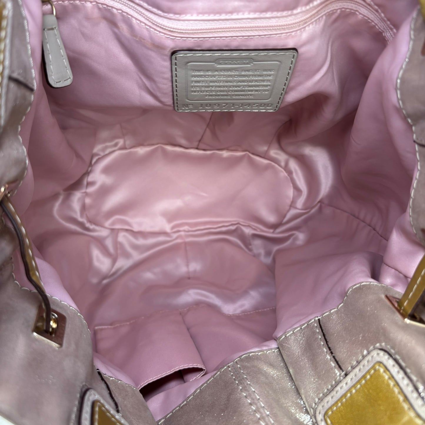 Coach XL Y2K Peyton GHW Drawstring Bucket Glitter Sueded Leather