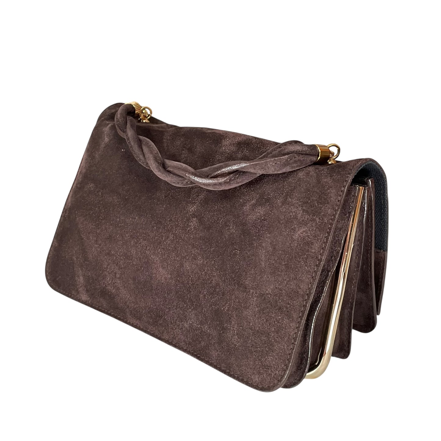 Givenchy Turn-Lock 4G Brown Suede GHW Woven Strap Clutch Handbag