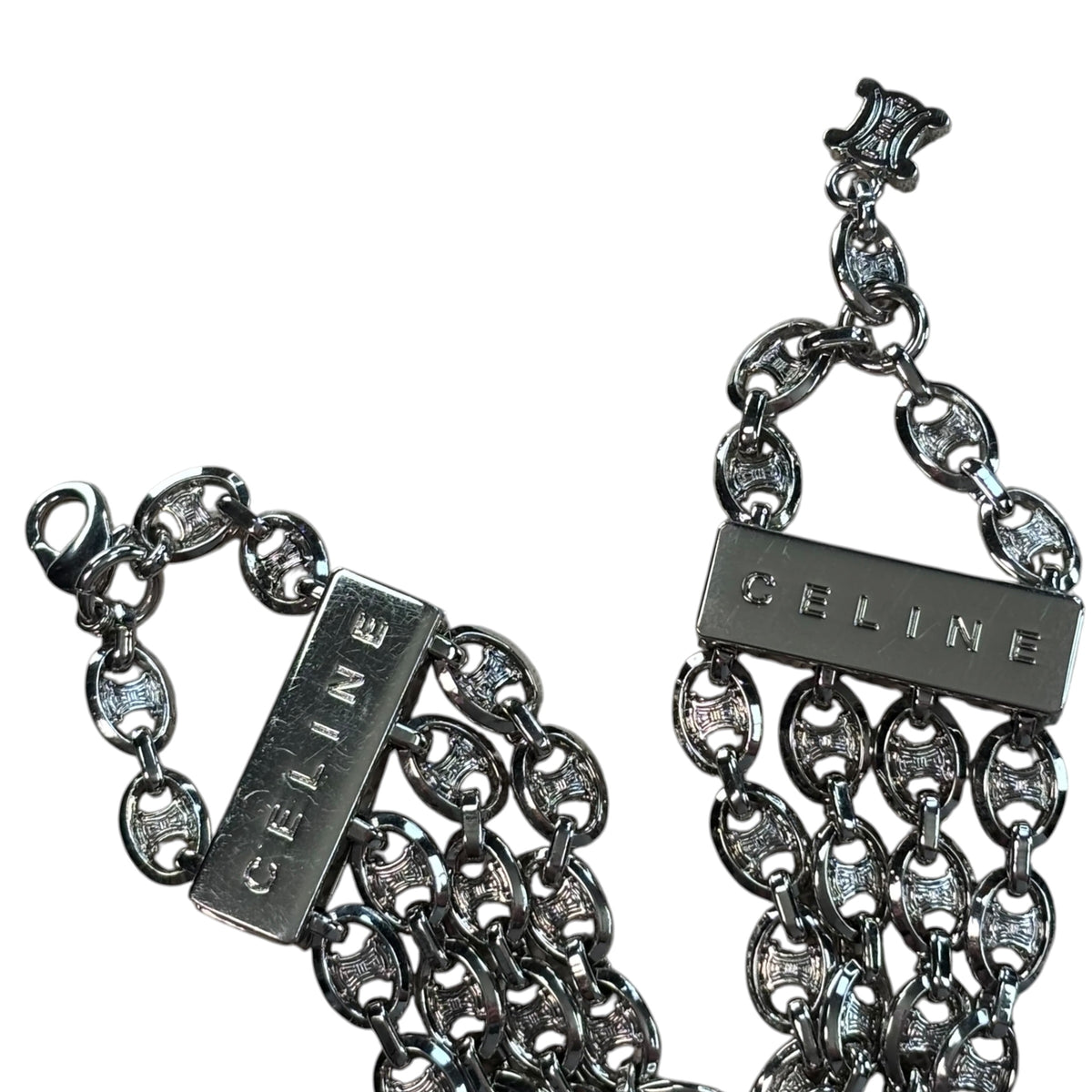 Celine Triomphe Logo Chain Multi Strand Silver Tone Chandelier Bracelet 7”