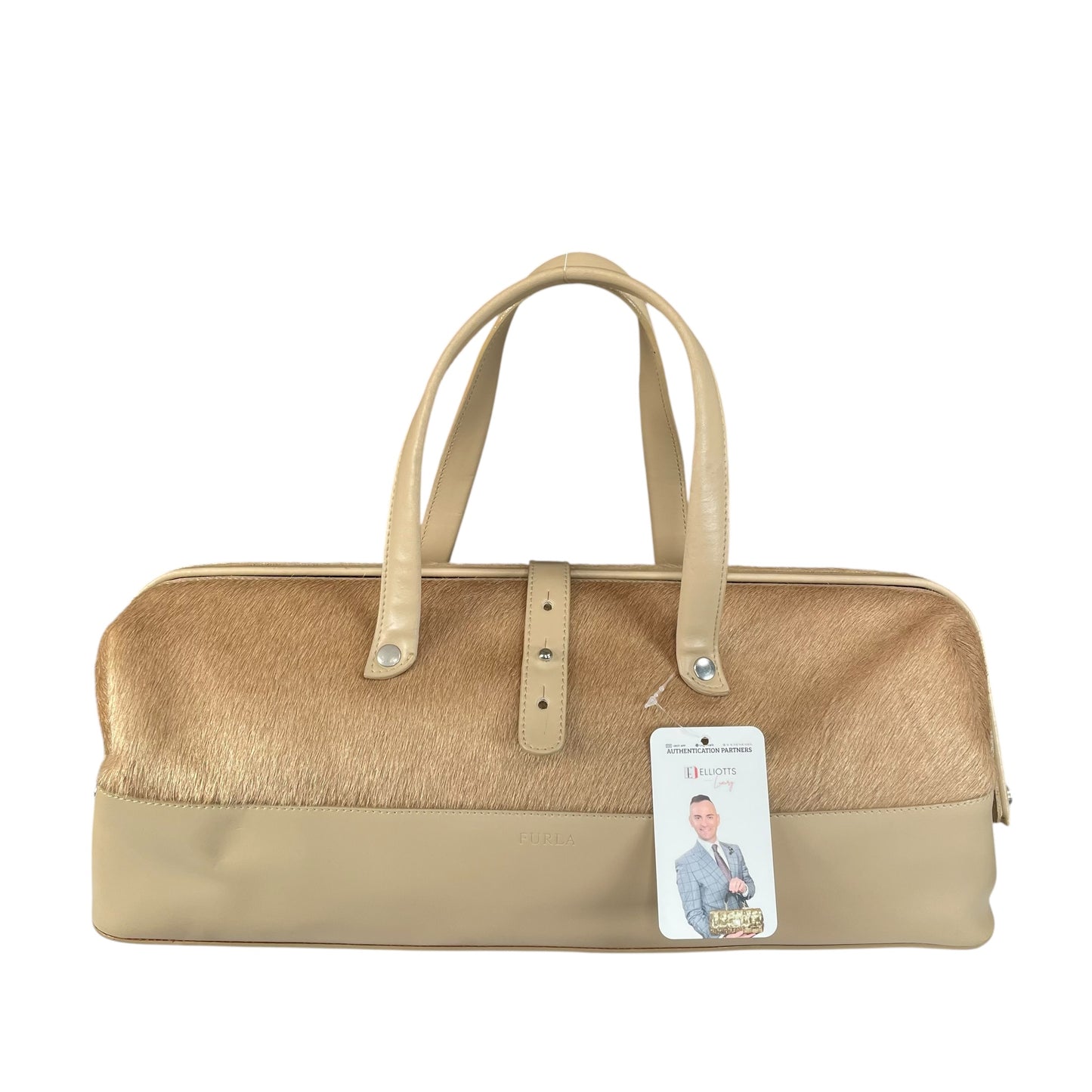 Furla Pony Hair Doctor Bag Tan Calf Hair Leather Satchel 17” Large Italy