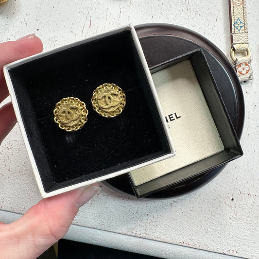 Chanel CC 24K Gold Plated Clip-On Medallion Earring Set w/Box