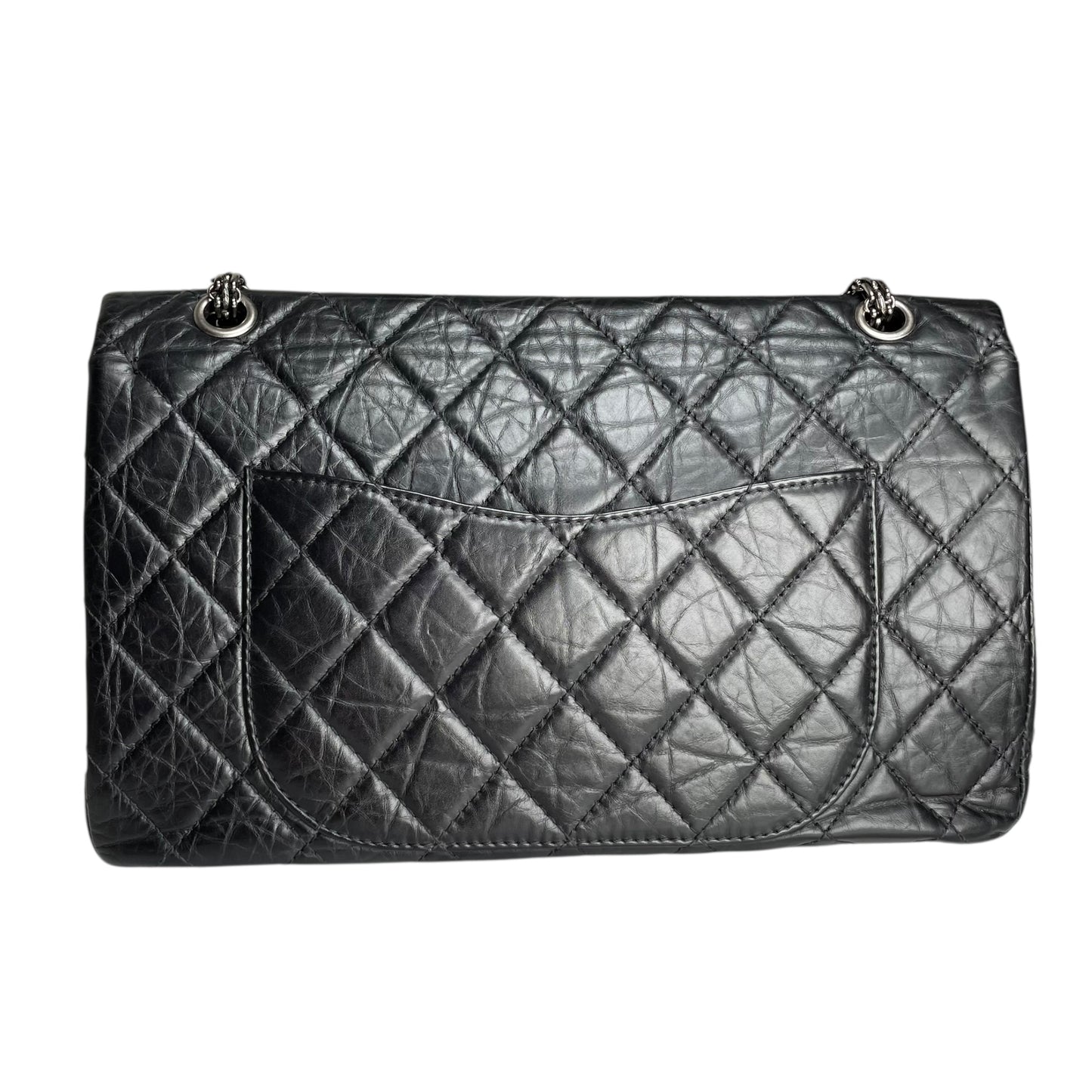 Chanel CC 255 Re-Issue Large Black Aged Calf Gunmetal Hardware Double Flap Purse