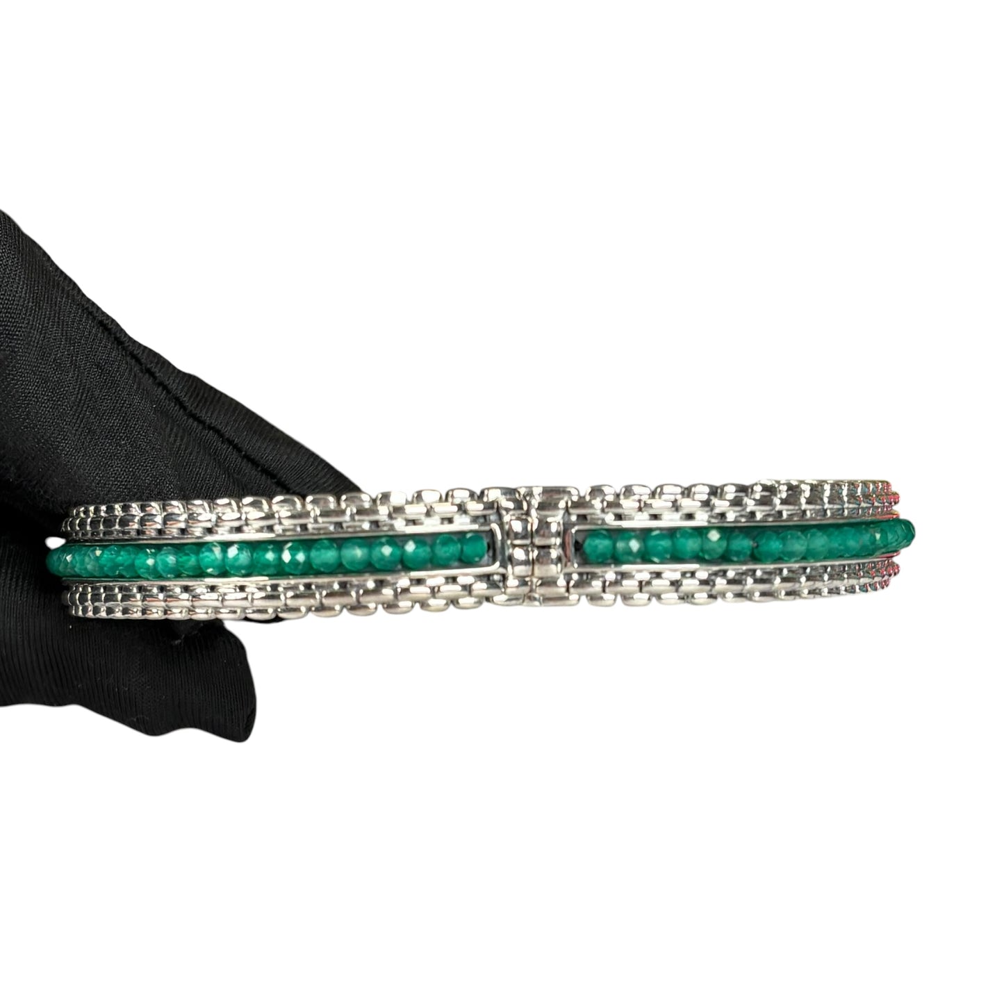 JAI by John Hardy Sterling 925 Green Gemstone Hinged Bangle 6.75”