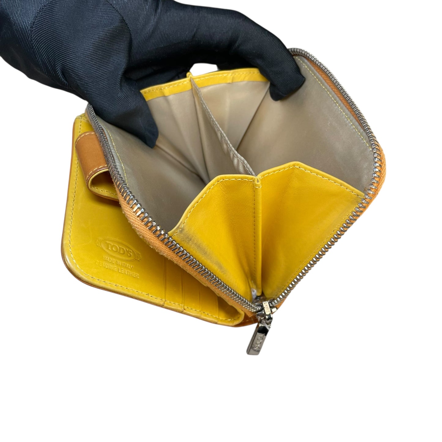 TOD’s Italian Leather Brown / Yellow SHW Snap Tab Zip Around Compact Wallet