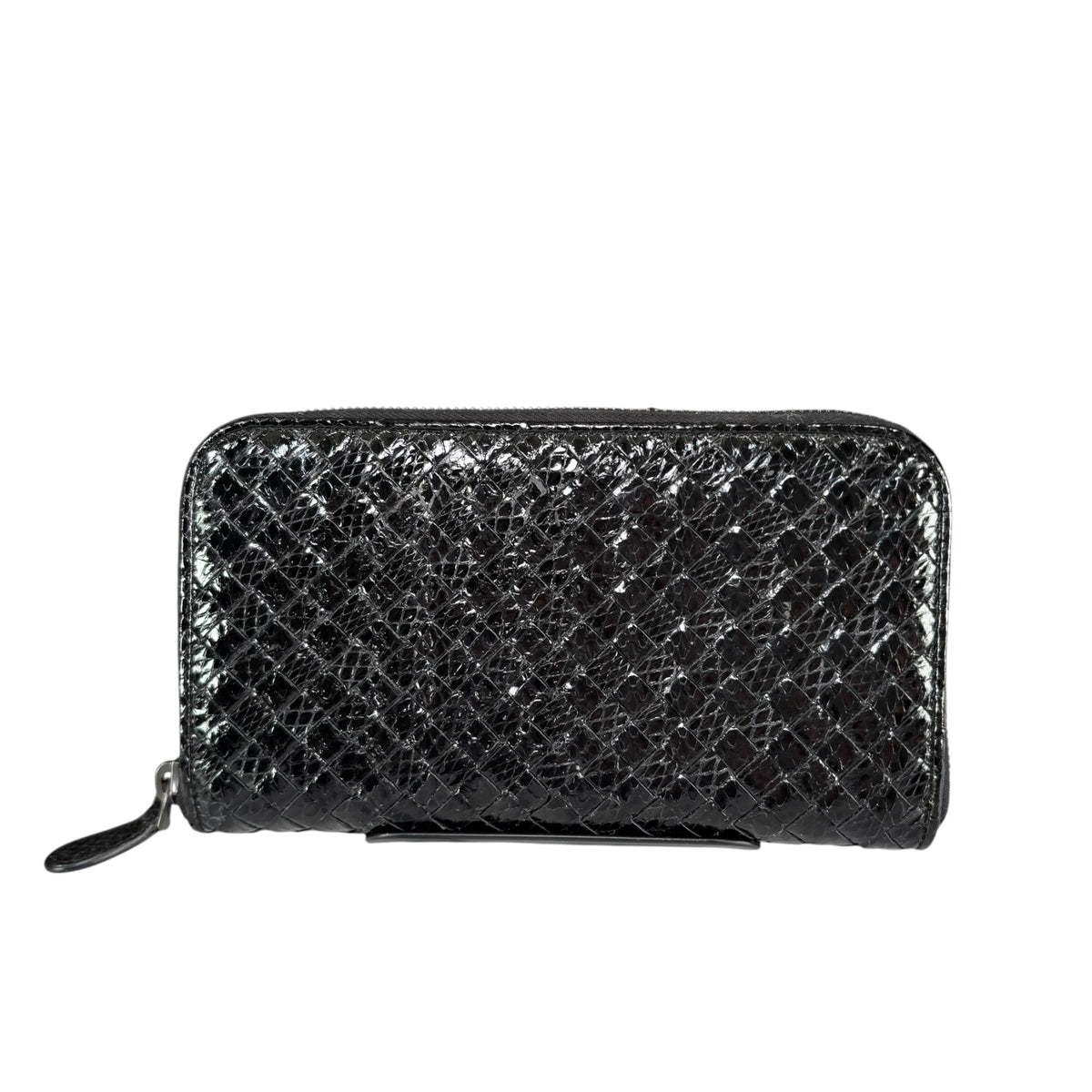 Bottega Veneta Black Python Embossed Patent Leather Long Zip Around Wallet