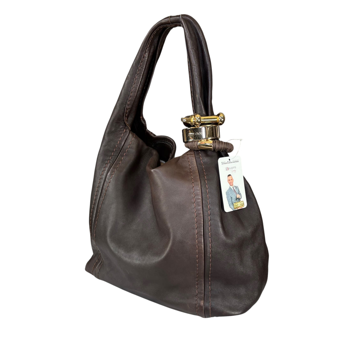 Jimmy Choo Saba Brown Leather GHW Bangle Large Hobo Shoulder Purse