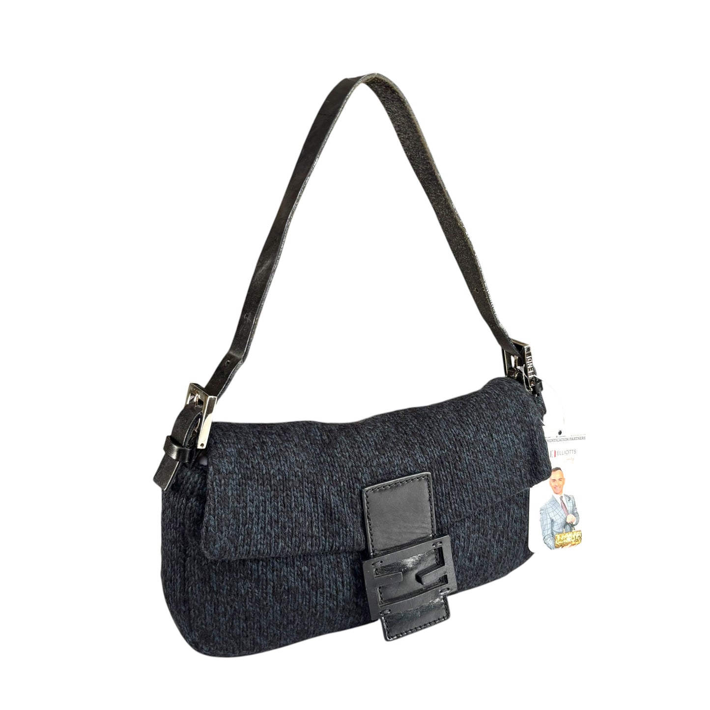 Fendi Baguette Classic Y2K Wool Cashmere Blue / Black SHW Knit Shoulder Purse