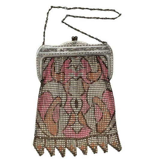 Whiting & Davis Med. Sterling Metal Mesh Plate Pink Orange Abstract Clutch Purse