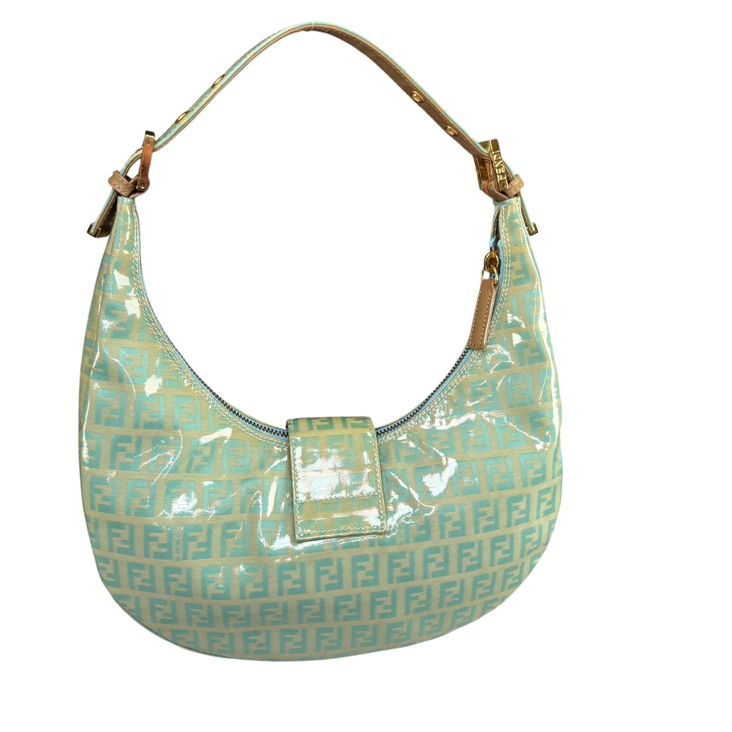 Fendi Y2K Baguette Crescent Mint Green Zucchino Coated Canvas Leather Purse
