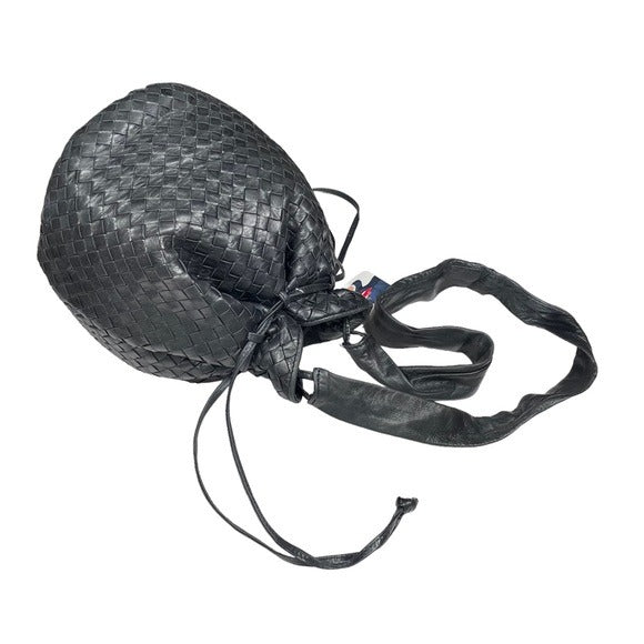 Bottega Veneta Black Leather Small Woven Round Drawstring Bucket Shoulder Purse