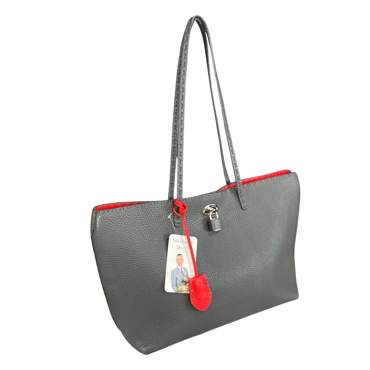 Fendi Selleria Grey / Red Sterling Silver  Pebbled Leather Lock Medium Tote