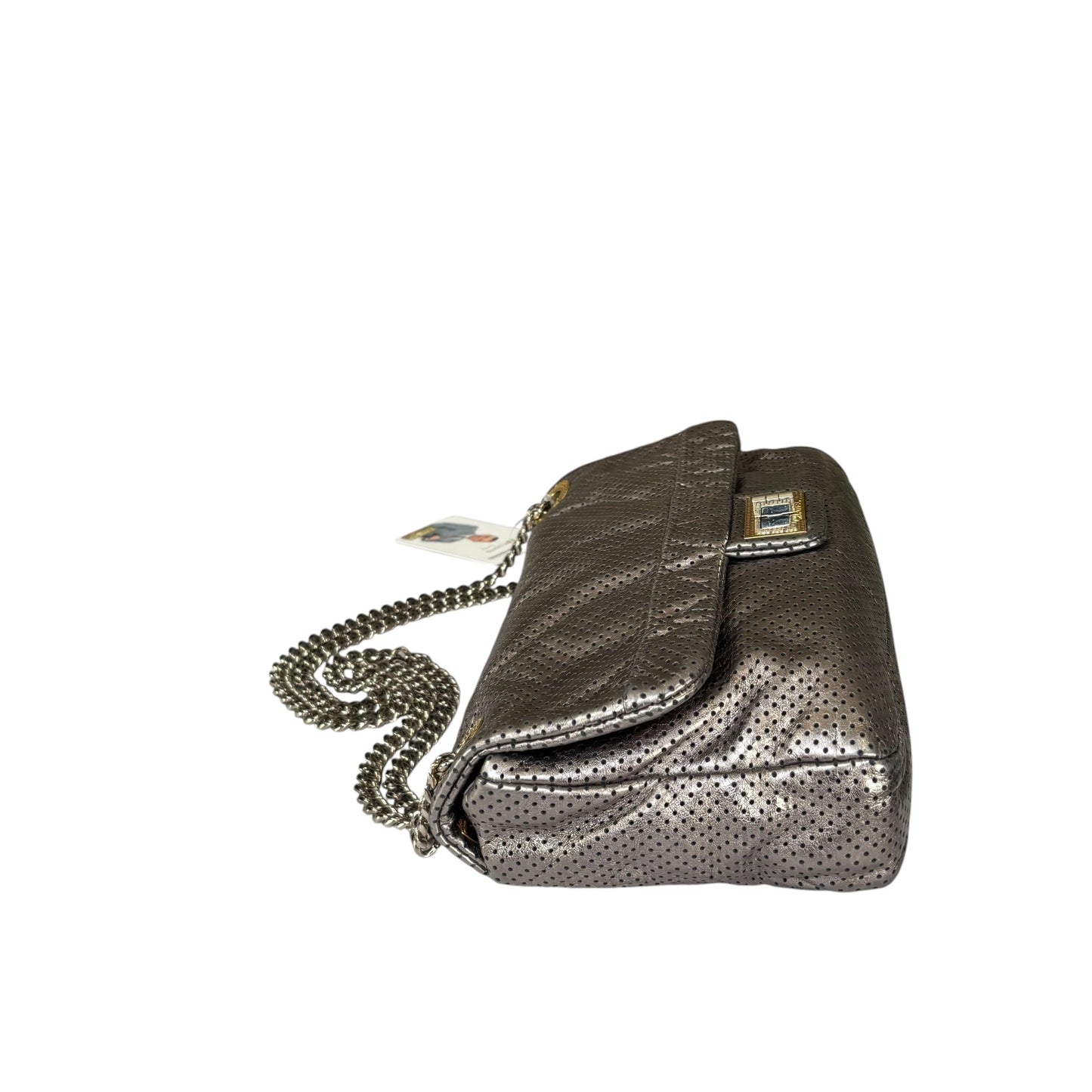 Chanel 2.55 Drill Flap Pewter Metallic Lambskin Leather GHW Med Shoulder Purse