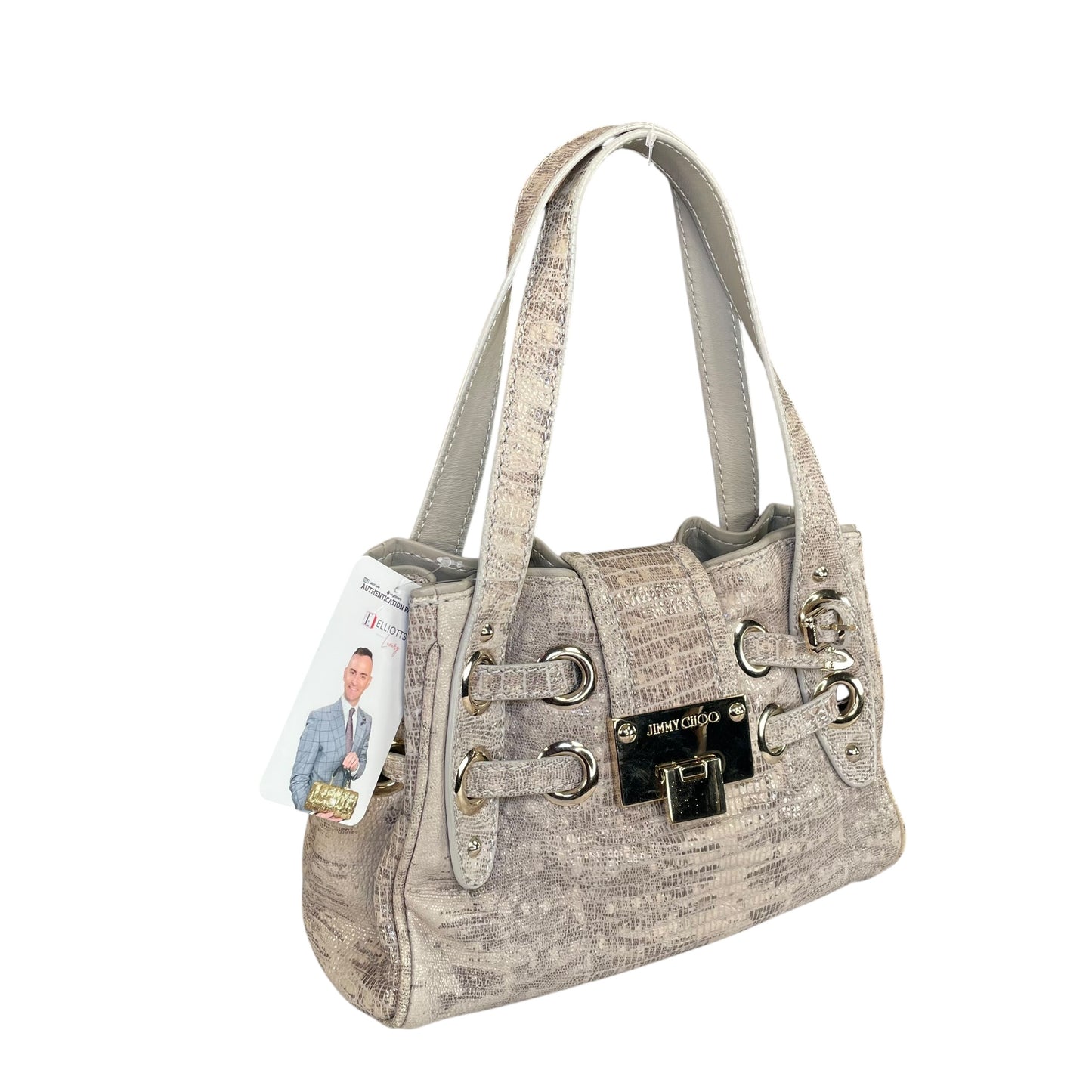 Jimmy Choo Ramona Lizard Embossed Leather Bag Creme / Gold HW Shoulder Purse