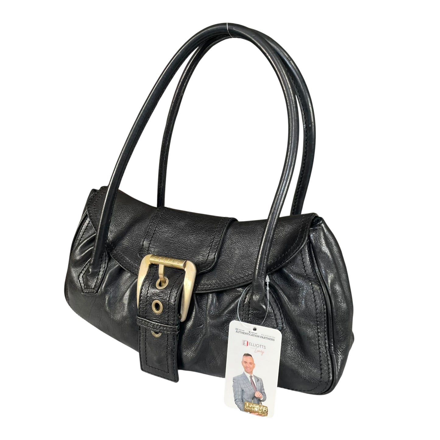 Celine Buckle Front Shoulder Black Leather Brushed Brass
