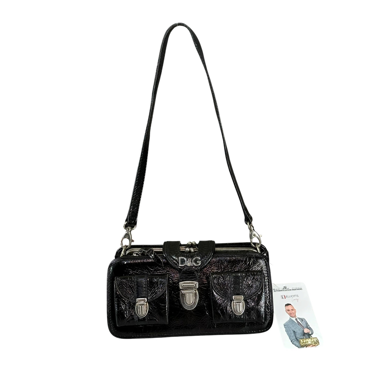 D & G Dolce Gabbana Mini Black Patent Baguette SHW Purse