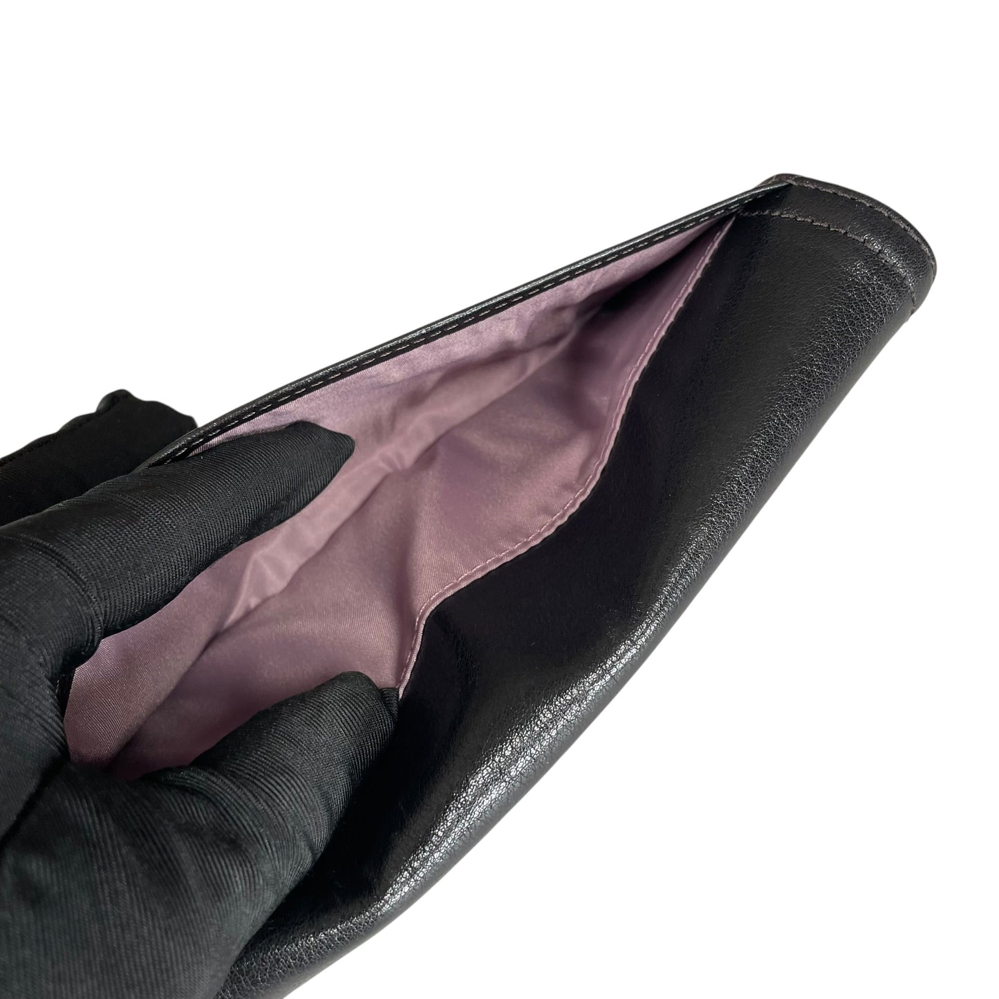 Coach Madison Carriage Logo Black Leather Trifold Long Wallet Lilac Interior SHW