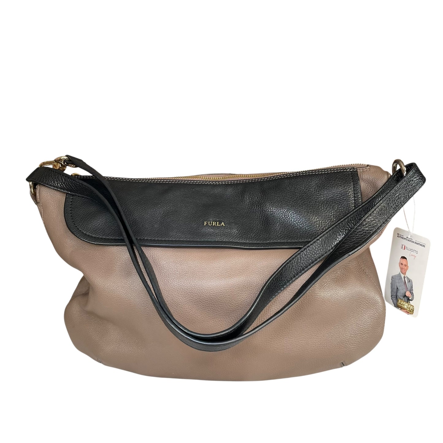 Furla Metropolis Two-Tone GHW Leather Taupe Black 2-Way Shoulder Hobo Purse
