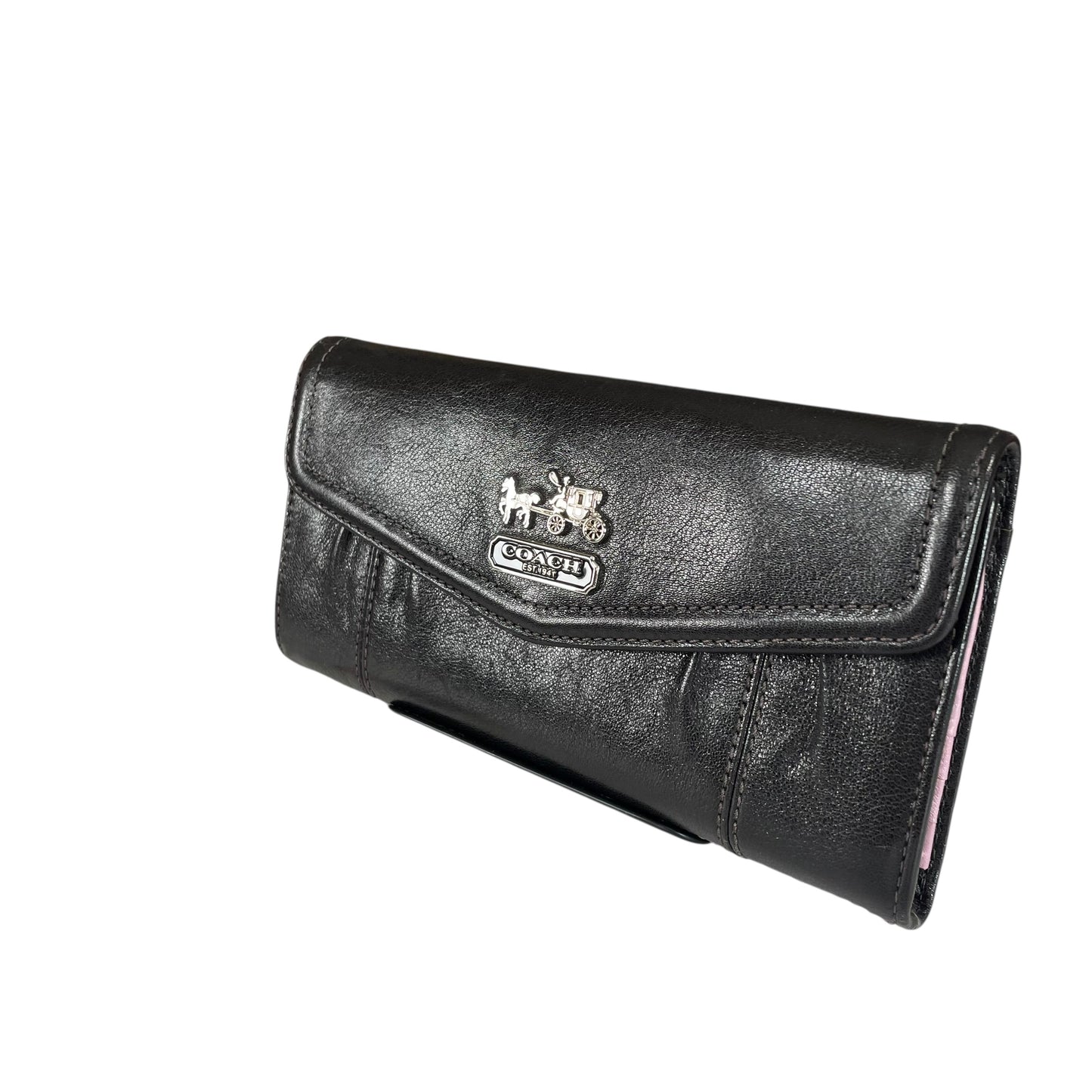 Coach Madison Carriage Logo Black Leather Trifold Long Wallet Lilac Interior SHW